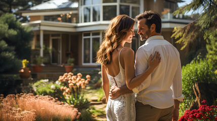 Naklejka premium Couple in love in front of their new house. Buying a new house. Real estate concept and new home.