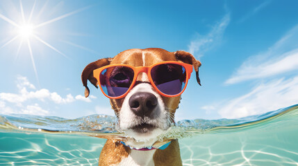 Cool Dog with Sunglasses Swimming in Clear Blue Water Summer Fun Concept