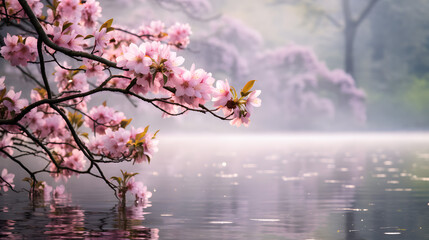 Cherry Blossoms Over Tranquil Lake in Misty Spring Morning