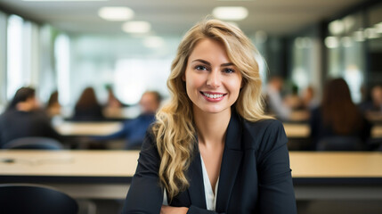 portrait of a businesswoman smiling in an office space, women in business, community, diversity, leadership, made with generative ai