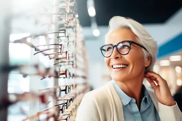 Fotobehang Attractive mature woman with natural gray hair chooses and tries on glasses in an ophthalmology store © colnihko