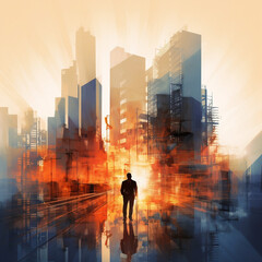 silhouette of a businessman walking towards a large city illustration, double exposure silhouette of businessman and city skyline, made with generative ai