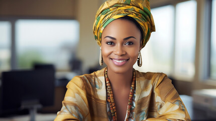 A woman sitting and smiling in an office, business and African heritage diversity portrait, made with generative ai