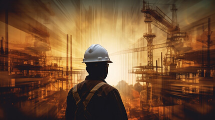 construction worker with hard hat standing in front of construction site, construction site sunrise and silhouette, made with generative ai