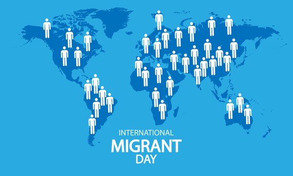 Migrant day international world map with people, vector art illustration.