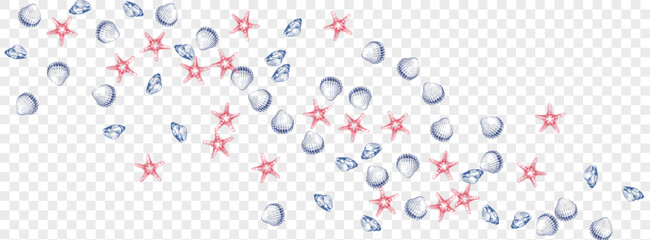 Gray Oyster Background Transparent Vector. Seashell Seamless Textile Card. Coastal Pattern. Navy Snail Doodle Graphic. Orange Starfish.