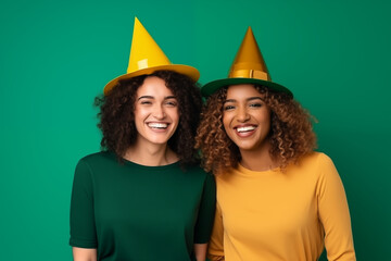 Friends wearing green hats and accessories, celebrating the holiday together, creativity with copy space