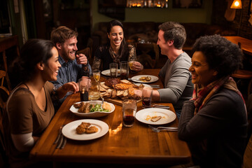 A group of friends enjoying a traditional Irish meal, emphasizing food and camaraderie, creativity with copy space