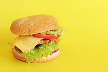 Cheeseburger on a yellow background. Juicy tasty burger on a bright background, side view. Fast food. Copy space