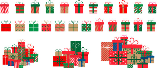 Set of christmas gift boxes with ribbons and bows.A pile of christmas gift boxes.Presents in colorful wrapping with ribbons.Gift boxes stack in flat style. - obrazy, fototapety, plakaty