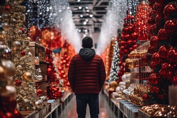 Man standing in store with many Christmas decorations. Preparing for Christmas holidays, expenses, buying presents, decorating home for Christmas