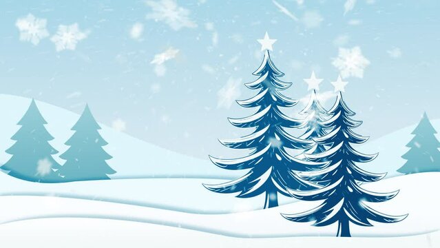 Calm Christmas wood landscape with animated trees in the snowdrifts, fluffy merry snow swirling around. Outdoor new year holiday winter background