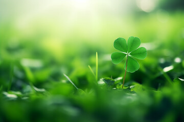 A close-up of a four-leaf clover in a field, symbolizing luck and good fortune, creativity with copy space