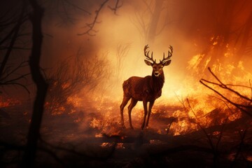 A deer standing amidst the flames and chaos of a burning forest