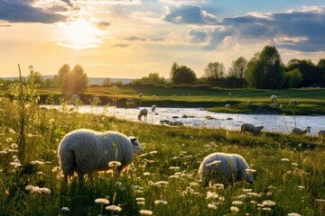 Fototapeta premium Meadow with sheep and flowering grass