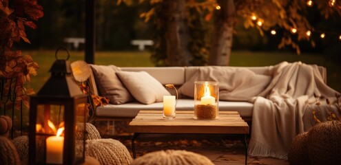 Autumn terrace with couch and candles in the fall garden - Powered by Adobe