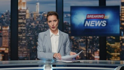 Charming journalist reporting events closeup. Lady newscaster ending live news 