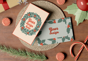 Christmas Card Escene with Two Postard Mockup