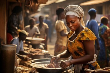 african woman preparing food on a street