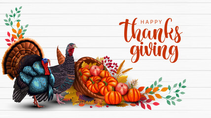 Happy thanksgiving greeting design with autumn leaves. white wooden background abstract vector illustration design. - obrazy, fototapety, plakaty