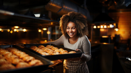 Smiling young african american woman holding baking tray with freshly baked croissants. - Powered by Adobe