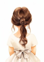 girl long hair dress illustration wearing bow back little kid test hope attractive features two buns hands grown - obrazy, fototapety, plakaty