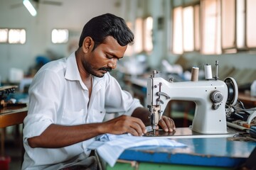 Focused middle aged man tailor with appearance sews things from natural fabric using sewing machine at clothes making factory. Handwork and sewing with help of mechanism in old age. Responsible work.