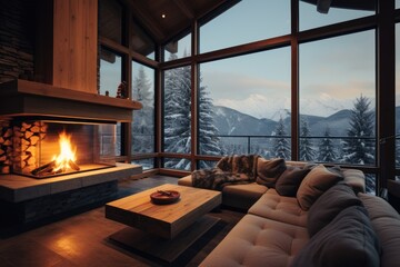 Interior of a modern chalet in the mountains with cozy sofa and fireplace - obrazy, fototapety, plakaty