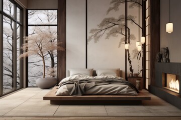 Bedroom interior details  in trendy minimalist japandi style