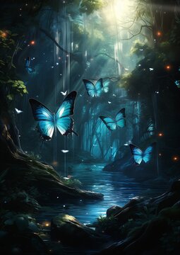butterflies flying stream forest night cute blue avatar dancing elegantly random fleeting dream sequence beautifully thick moths