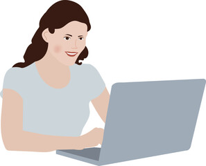 A man working with laptop sitting, listening to music with headphones. flat illustration.