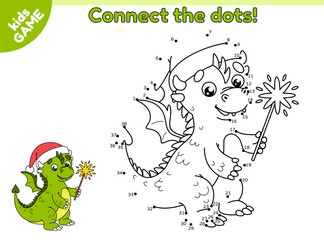 Dot to dot kids game. Dragon of the Chinese New Year 2024. Connect the dots by numbers and draw the cartoon holiday dragon with a sparkler in paws and in red hat of Santa. Puzzle for children. Vector.