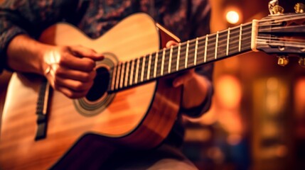 Fototapeta premium A soft focus image of a musician playing guitar AI generated illustration