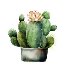 Watercolor Cactus Pot Clipart Illustration. Isolated elements on a white background.