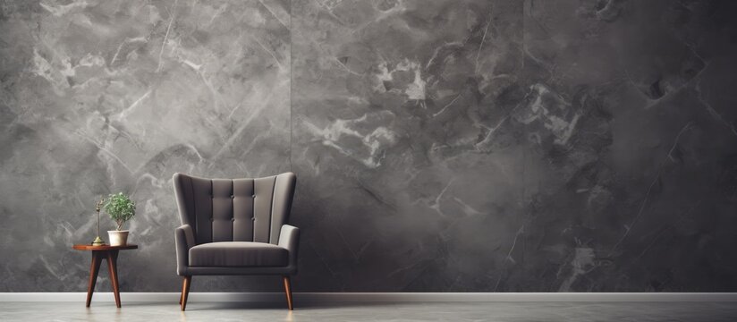 The background of the interior design featured a vintage black and white patterned wallpaper with a textured marble finish creating a unique and grungy atmosphere reminiscent of nature and 