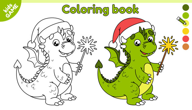 Page of kids coloring book. Symbol of the Chinese New Year is dragon. Color the cartoon holiday dragon with a sparkler in paws and in red hat of Santa. Activity book for children. Vector illustration.
