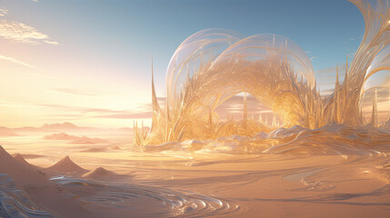 abstract landscape of windswept glass sculptures in a desert, isolated alien planet at sunrise or sunset - obrazy, fototapety, plakaty