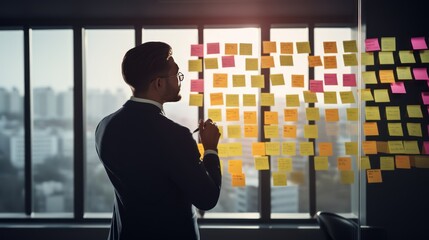Man organizer attaches colorful sticky notes to white board. Life hack for easy memorization and reminders of important things in visible place in office. Organization of space and clear schedule