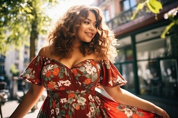 portrait of a happy woman in summer dress in the city