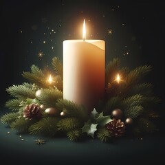 Winter Ambiance: Christmas Candle Among Pine Branches