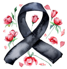 Czarna wstążka żałobna z kwiatami - obrazy, fototapety, plakaty