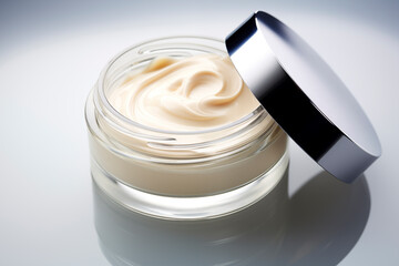 A jar for skin care with a cosmetic anti-aging cream with a vortex texture and a lid. Moisturizing cream with hyaluronic acid