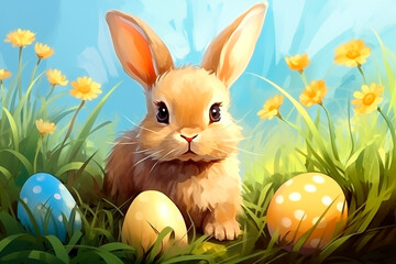 Cute Easter bunny with eggs in the grass. Spring lawn