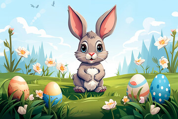 Cute Easter bunny with eggs in the grass.