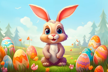 Cute happy Easter bunny with eggs in the grass. Spring forest