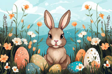 Easter scene. Cute rabbit with painted eggs. Greeting card background