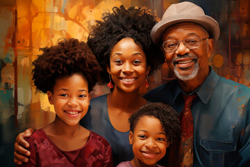 Portrait of a happy African-American family. Three generations of the family. Family traditions - obrazy, fototapety, plakaty