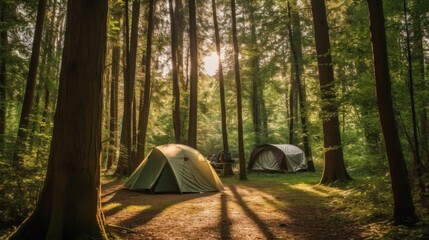 A tent nestled among tall trees in a camping site  AI generated illustration