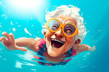 Fototapeta premium Joyful active old woman in the pool