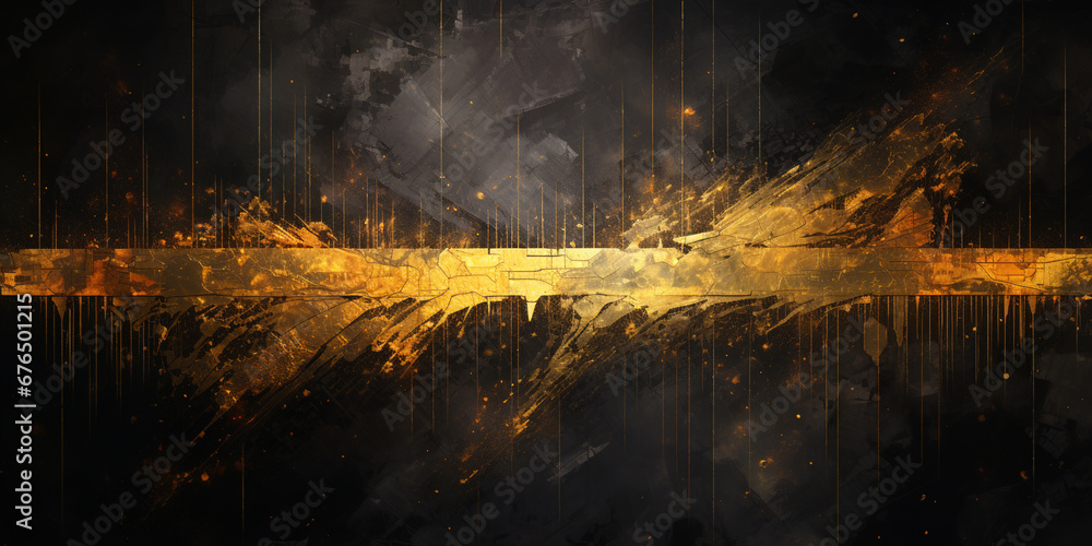Poster a colorful oil painting with abstract patterns composed of black and gold. ai generative
